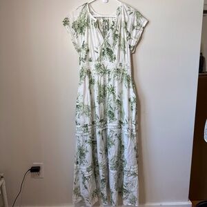 Rachel Zoe linen blend tiered dress tropical print pockets feminine white green